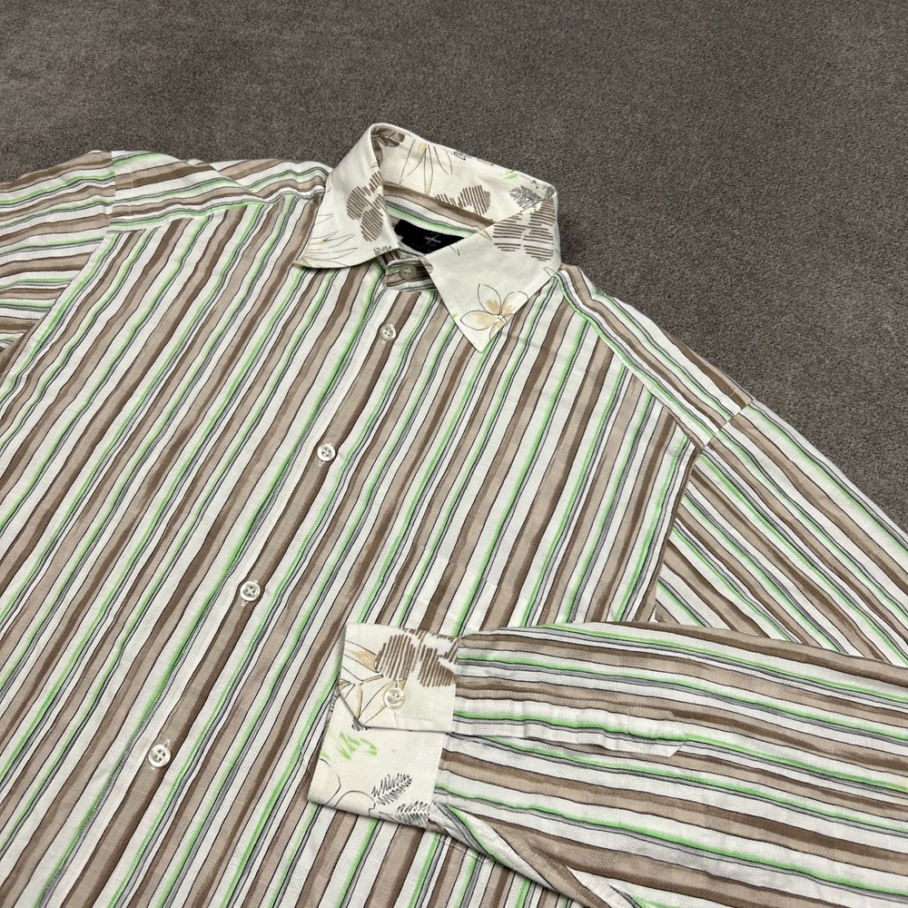 Zegna Sport Shirt Mens Medium Striped Floral Contrast Print Cotton Long Sleeve